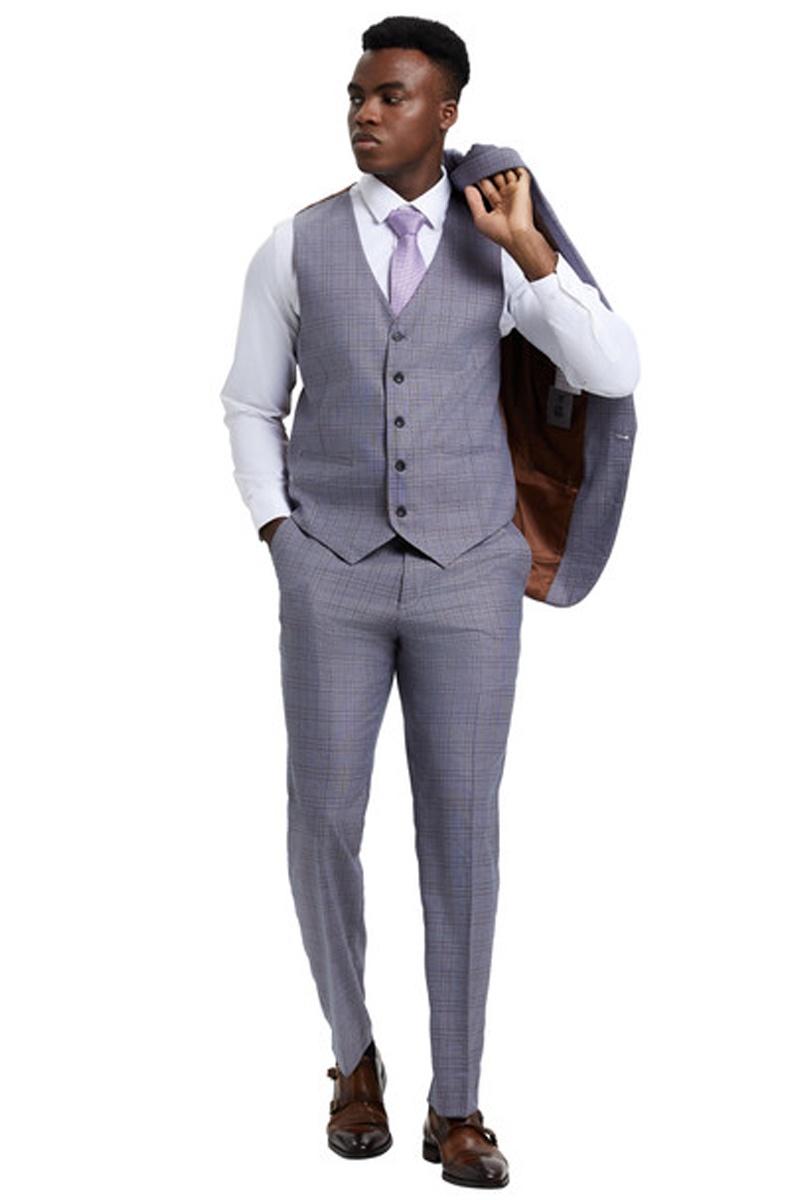 Men's Stacy Adams Vested One Button Wide Peak Lapel Windowpane Plaid Suit in Light Grey - 38 Regular
