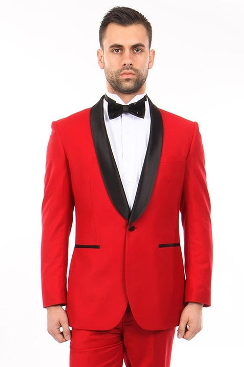 "Red Slim Fit Shawl Lapel Tuxedo for Men - Classic Style"