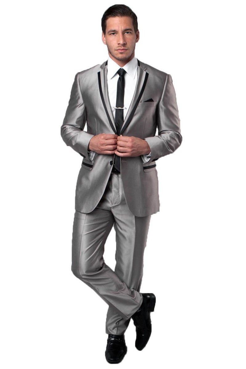 "Silver Sharkskin Men's Slim Fit Tuxedo Suit - Two Button with Black Piping" - 34 Short
