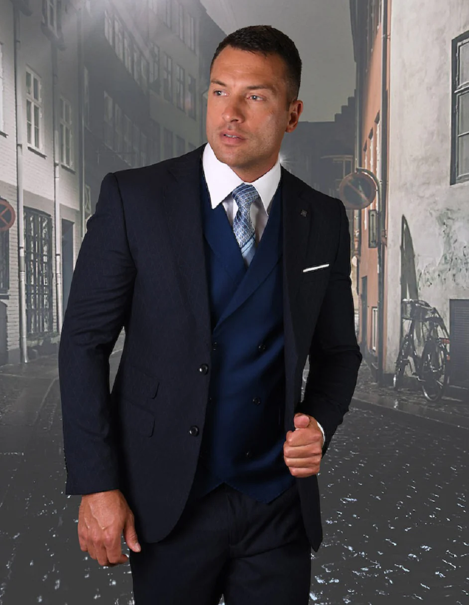 100 Percent Wool Suit - Mens Vested  Wool Business Navy Suits