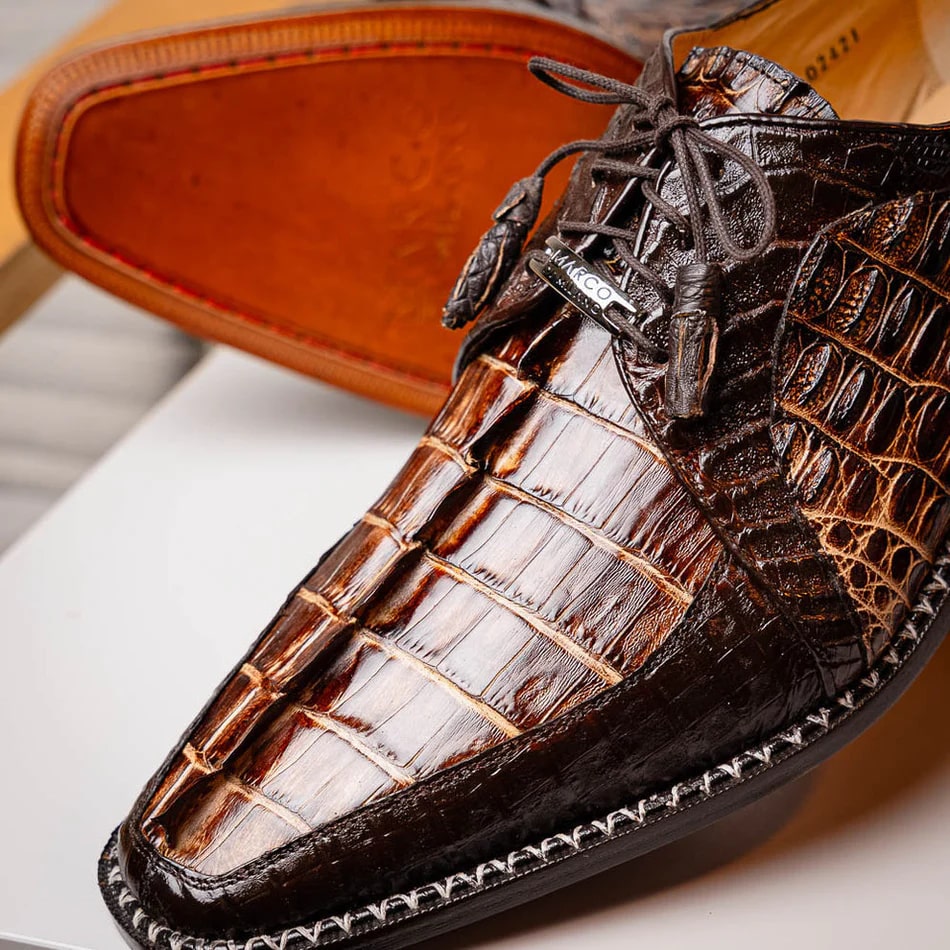 Marco Di Milano Caribe Men's Shoes Orix & Brown Exotic Hornback Crocodile Skin Derby Oxfords - 8.5