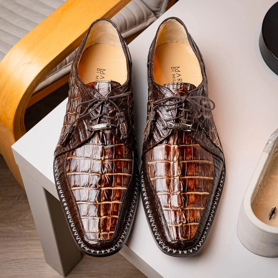 Marco Di Milano Caribe Men's Shoes Orix & Brown Exotic Hornback Crocodile Skin Derby Oxfords - 6