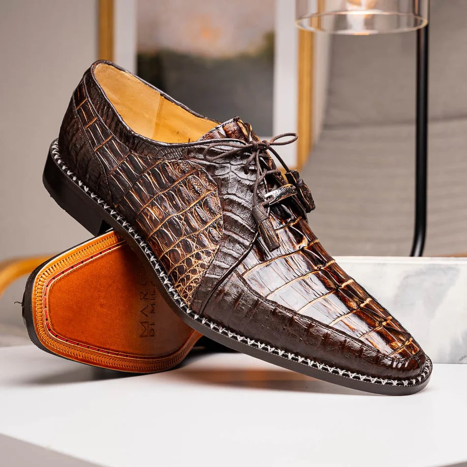 Marco Di Milano Caribe Men's Shoes Orix & Brown Exotic Hornback Crocodile Skin Derby Oxfords - 6