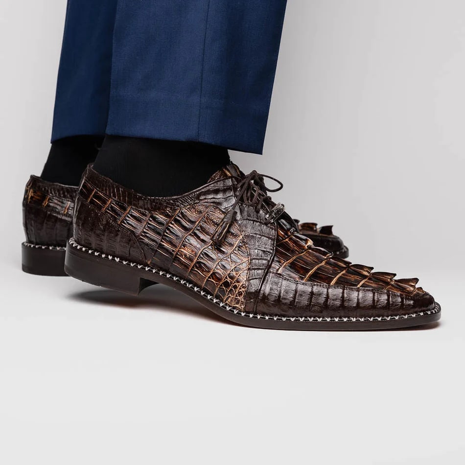 Marco Di Milano Caribe Men's Shoes Orix & Brown Exotic Hornback Crocodile Skin Derby Oxfords - 6