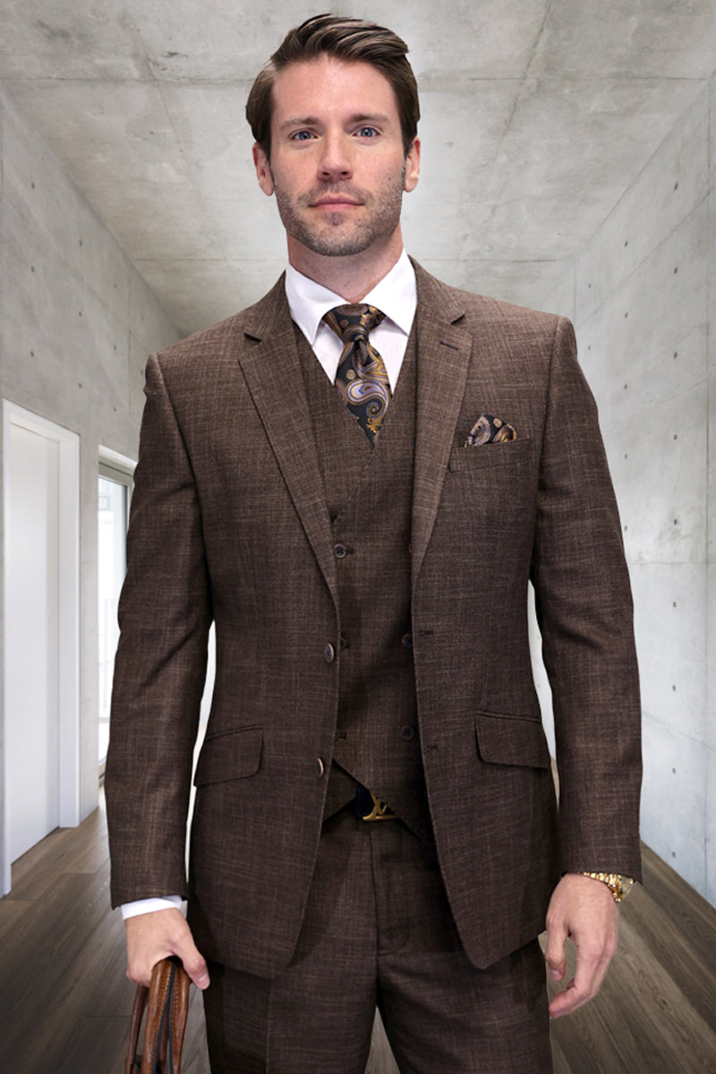 Men's Designer Wool Vested Modern Fit Sharkskin Suit in Brown - 36 Short