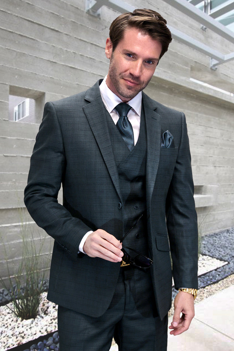 Men's Designer Wool Vested Modern Fit Sharkskin Suit in Hunter Green - 36 Short