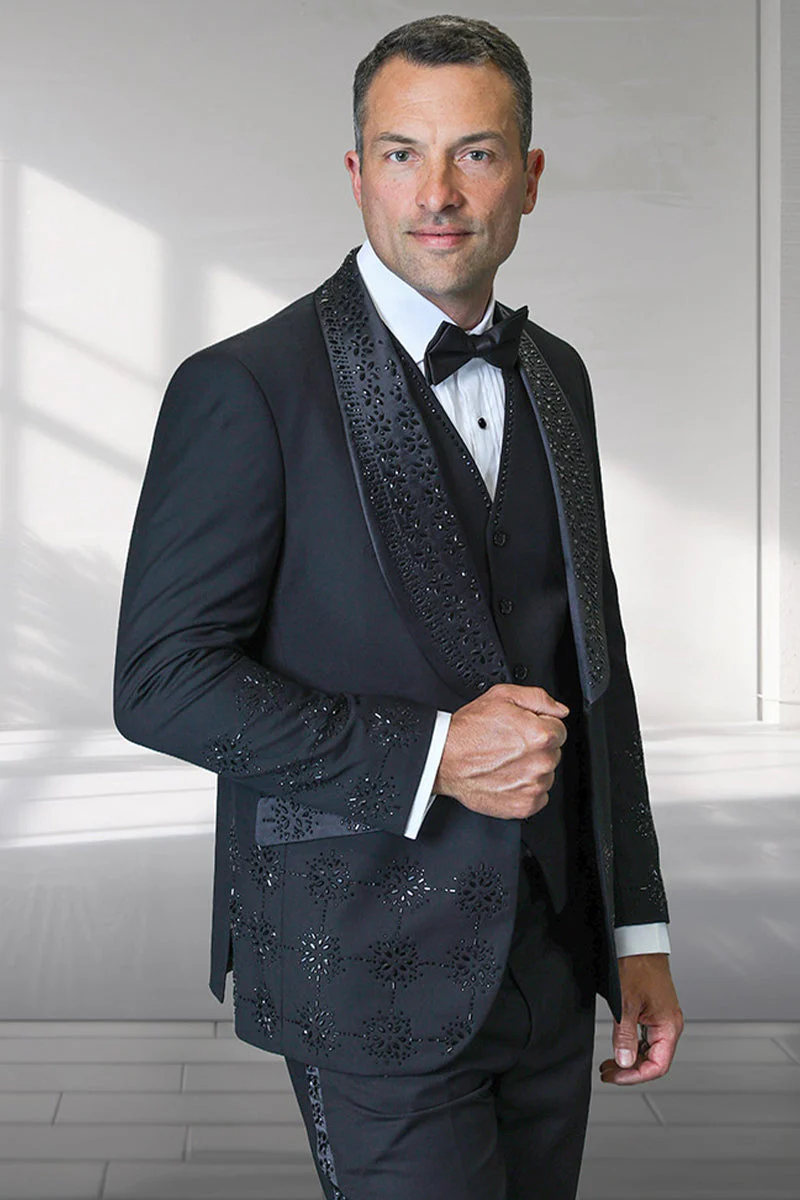 Mens Designer Floral Rhinestone Prom and Wedding Tuxedo in Black and Black - 34 Short or Extra Small