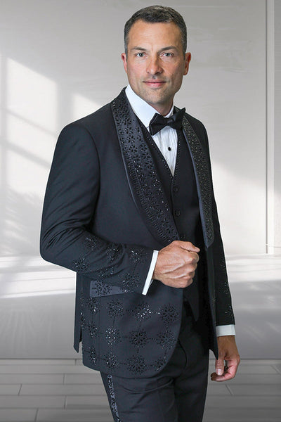 Men's Designer Floral Rhinestone Prom & Wedding Tuxedo in Black
