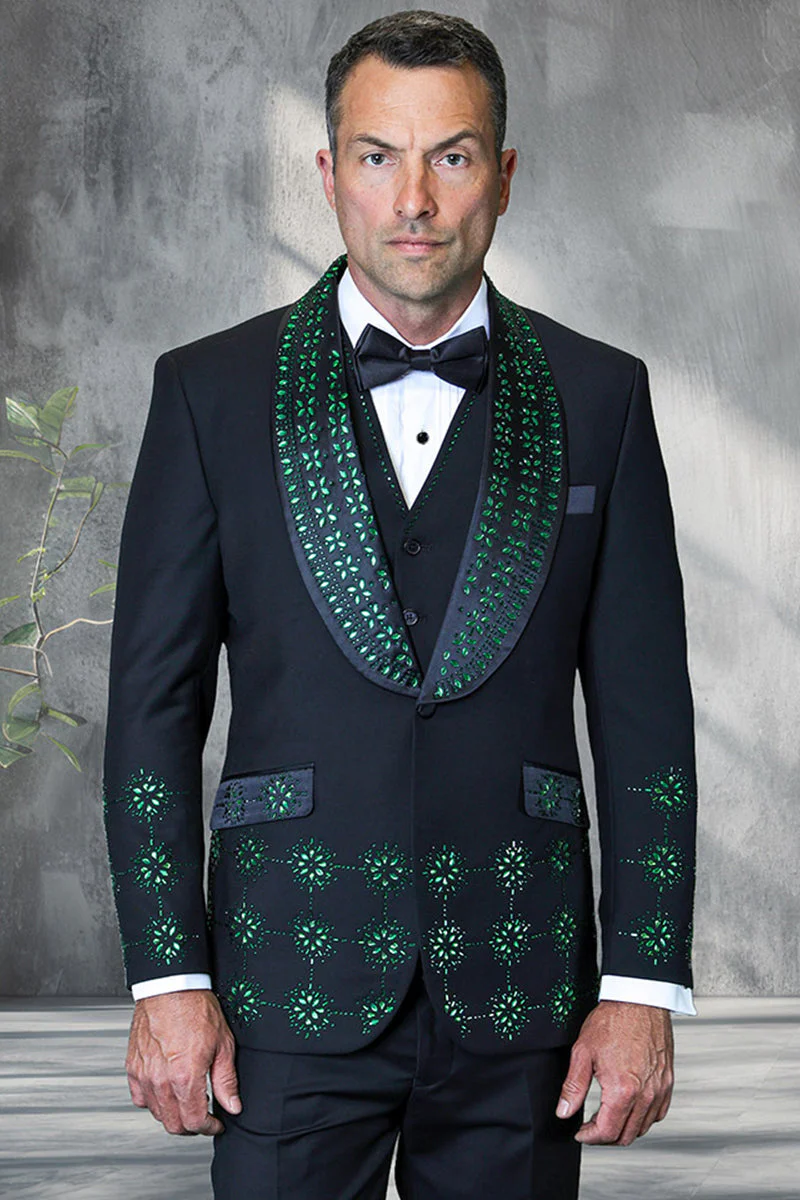 Mens Designer Floral Rhinestone Prom and Wedding Tuxedo in Black and Green - 34 Short or Extra Small