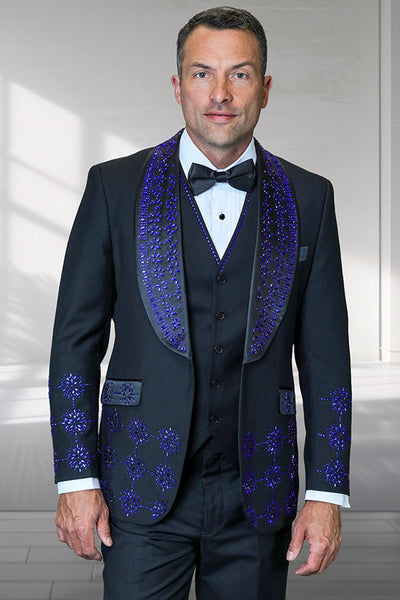 Men's Designer Floral Rhinestone Prom & Wedding Tuxedo in Black & Royal Blue
