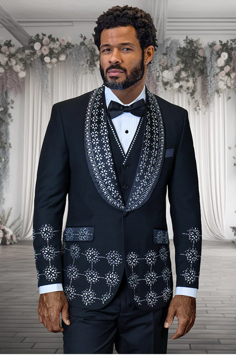 Mens Designer Floral Rhinestone Prom and Wedding Tuxedo in Black and White - 34 Short or Extra Small