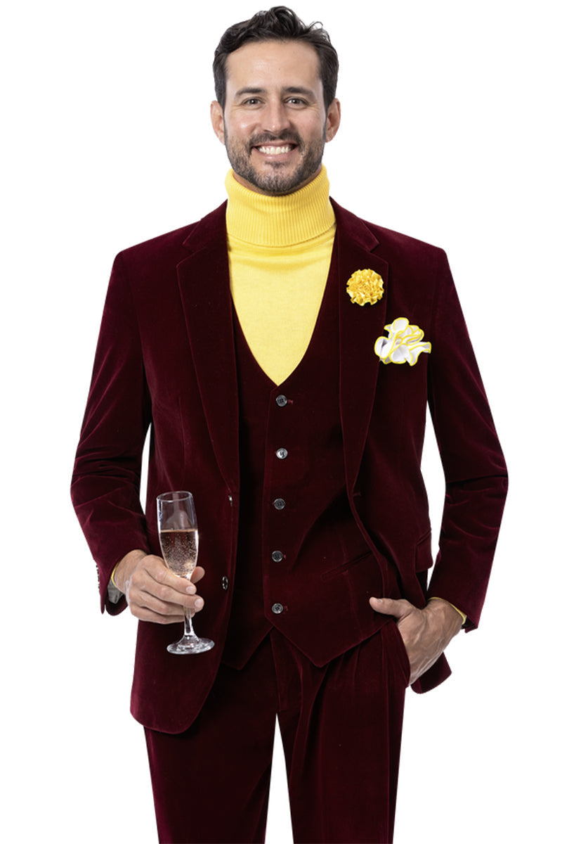 "Burgundy Velvet Vested Suit for Men - Two Button Style"