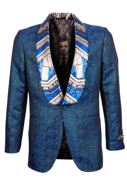 "Men's Metallic Tuxedo Jacket with Egyptian Sequin Lapel - Navy"