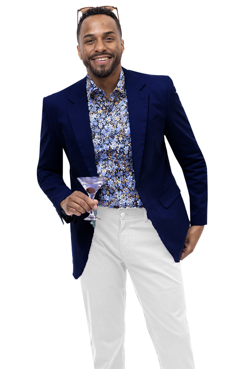 Men's Modern Fit Casual Summer Chino Blazer in Navy Blue - XXS
