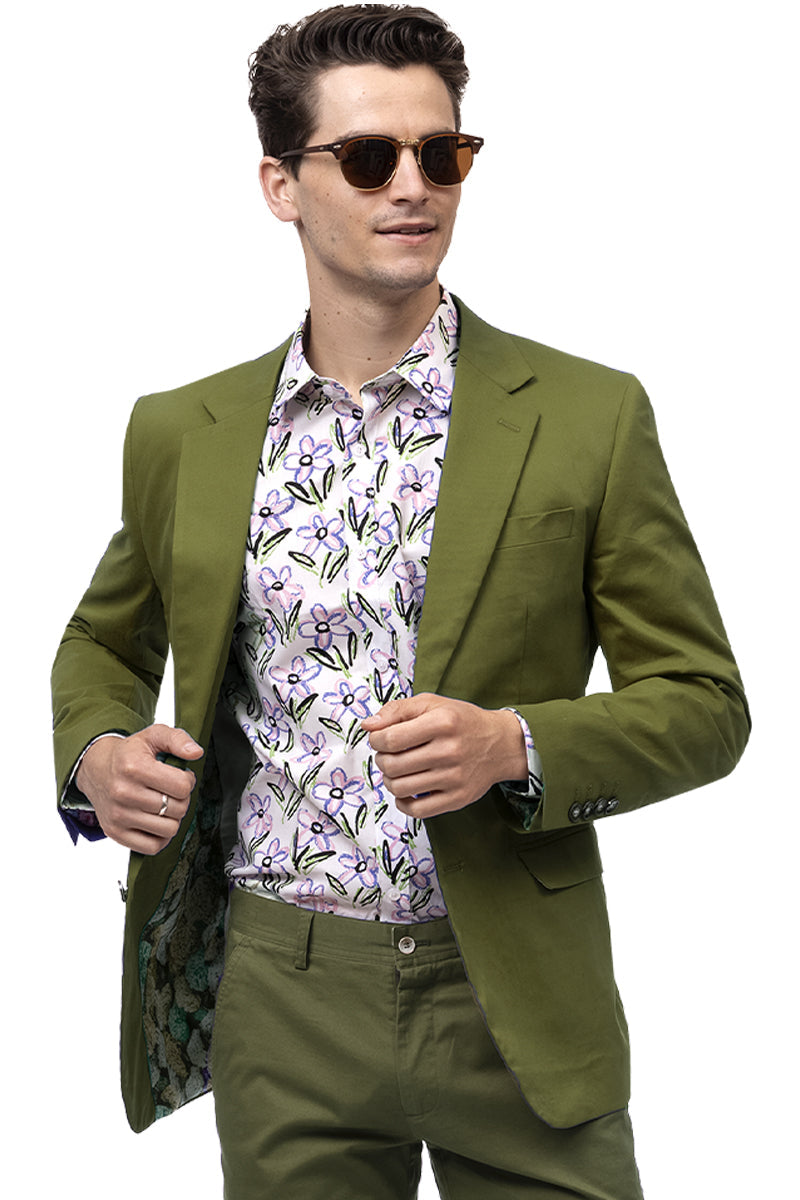 Men's Modern Fit Casual Summer Chino Blazer in Olive Green - XXS