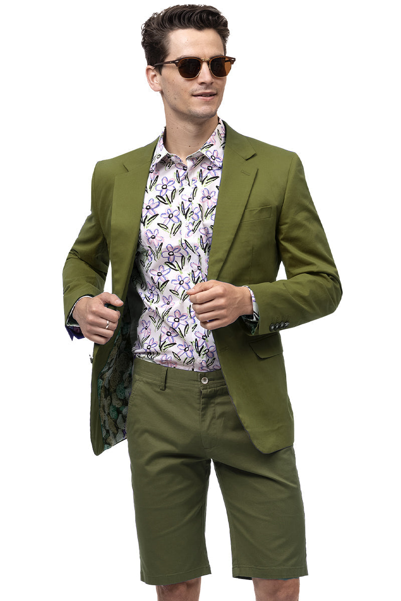 Men's Modern Fit Casual Summer Chino Blazer in Olive Green - XXS