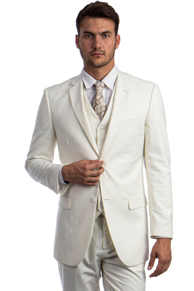 Ivory Men's Wedding & Business Suit - Two Button Vested Solid Color - 38 Regular