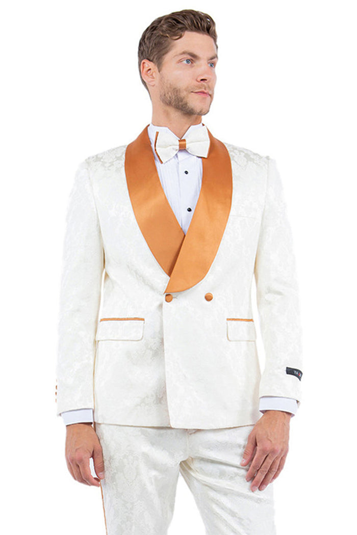 Paisley Smoking Jacket Tuxedo - Men's Slim Fit Double Breasted for Prom 2026 & Wedding, Ivory & Golden Rust