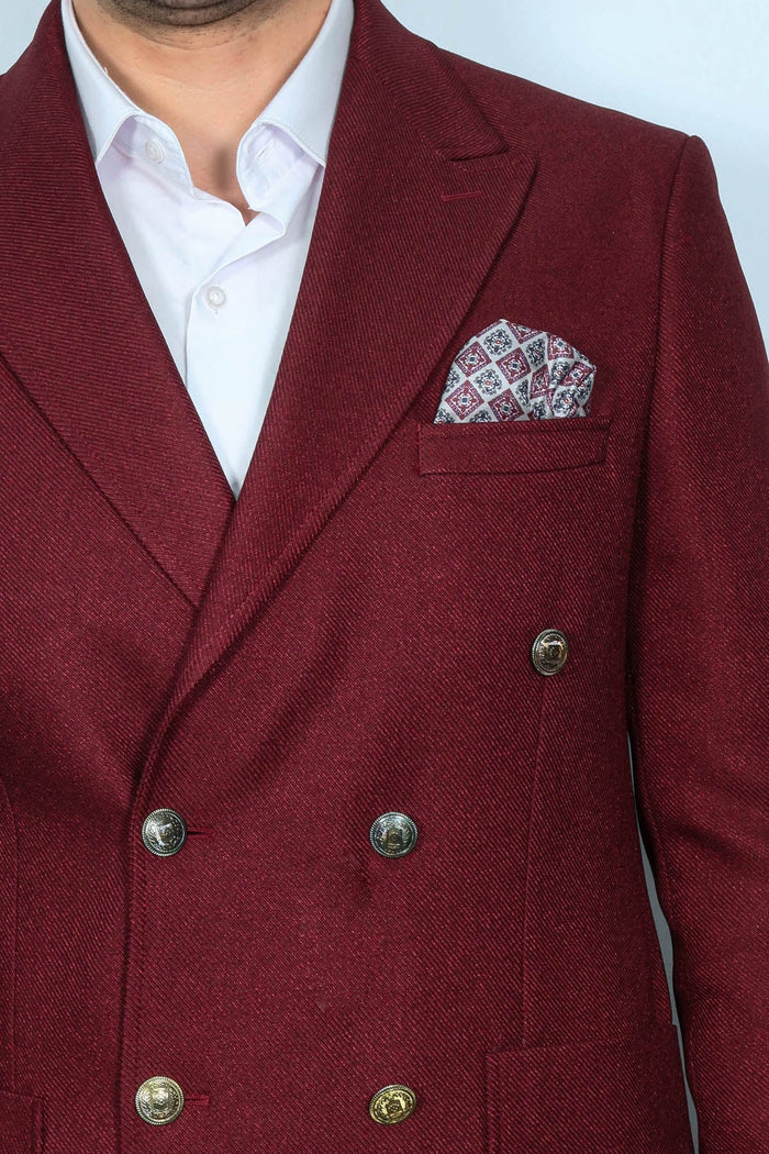 Mens Burgundy Slim Fit Blazer Sharp Double Breasted Design