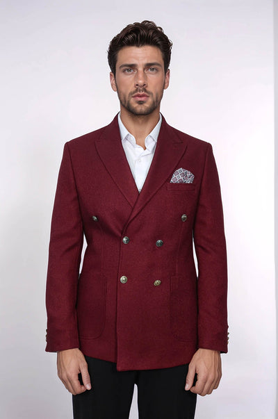 Mens Burgundy Slim Fit Blazer Sharp Double Breasted Design