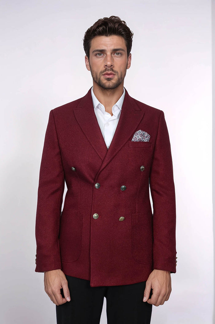 Mens Burgundy Slim Fit Blazer Sharp Double Breasted Design