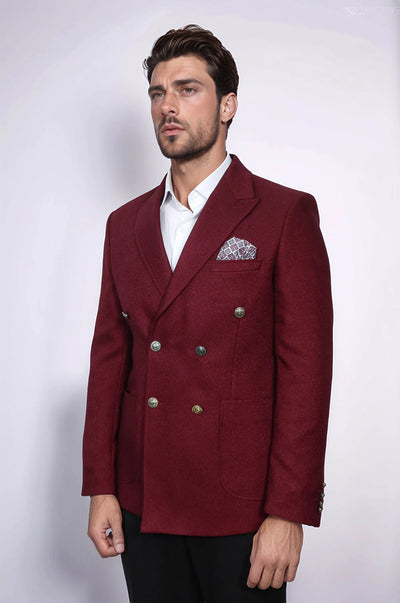 Mens Burgundy Slim Fit Blazer Sharp Double Breasted Design