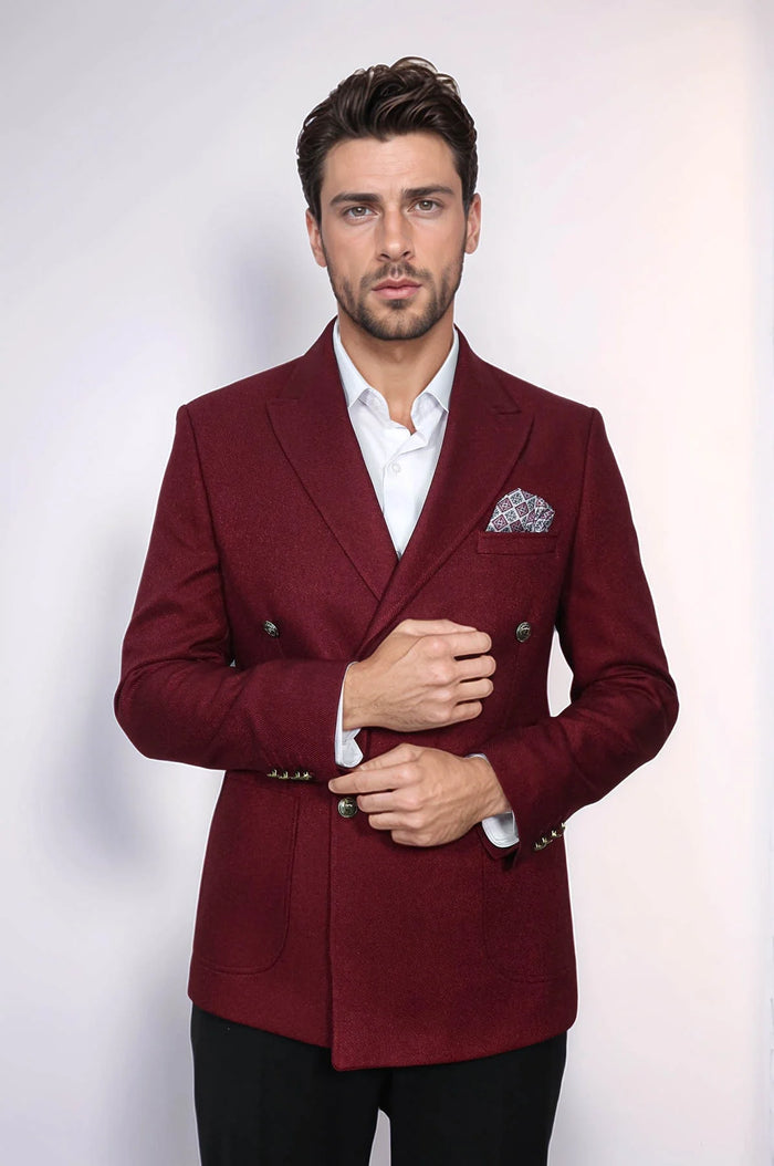 Mens Burgundy Slim Fit Blazer Sharp Double Breasted Design