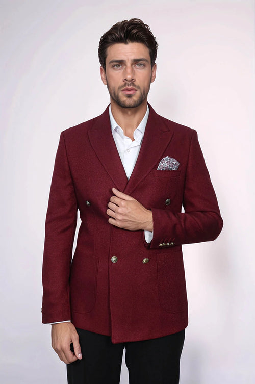 Mens Burgundy Slim Fit Blazer Sharp Double Breasted Design
