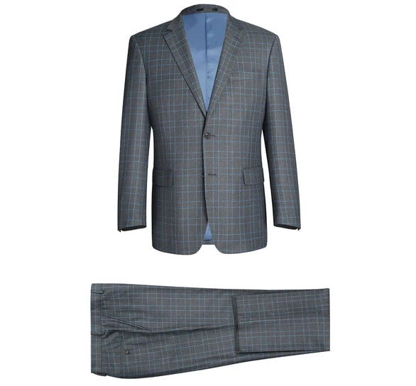 Renoir Clothing - Renoir Suit - Renoir Fashion - Stretch Performance 2-button Classic Fit Grey And Blue Check Renoir Suit - Coat Size 38