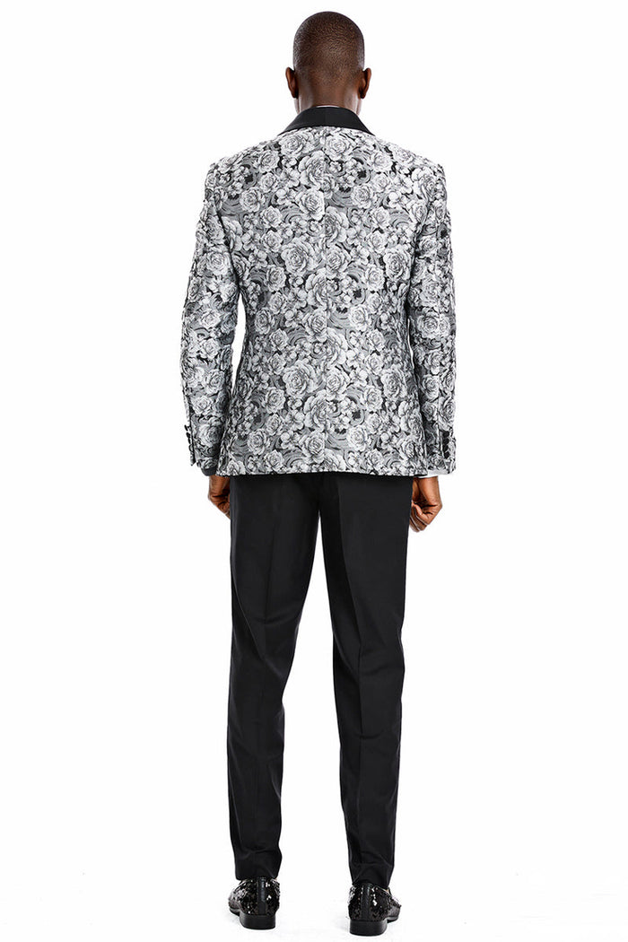"Silver Men's Slim Fit Paisley Floral Prom 2026 Tuxedo - One Button Vested"