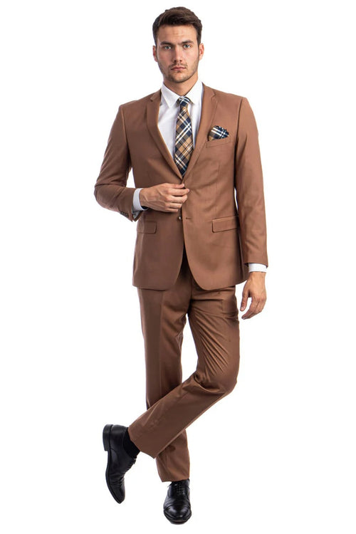 Cheap Priced Suit - Men's Basic 2 Button Slim Fit Wedding Cognac Suit