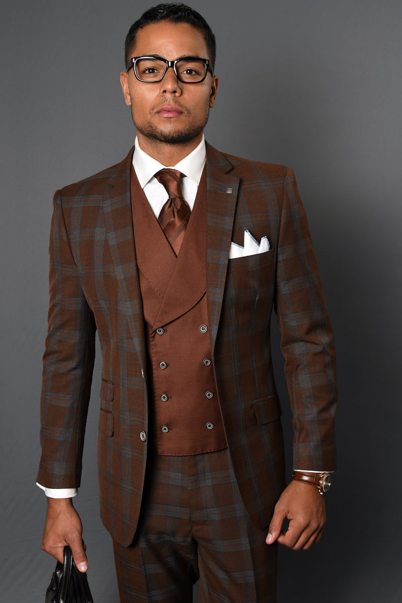 Men's Modern Fit Wool Suit with Double Breasted Vest in Copper Plaid - 36 Short