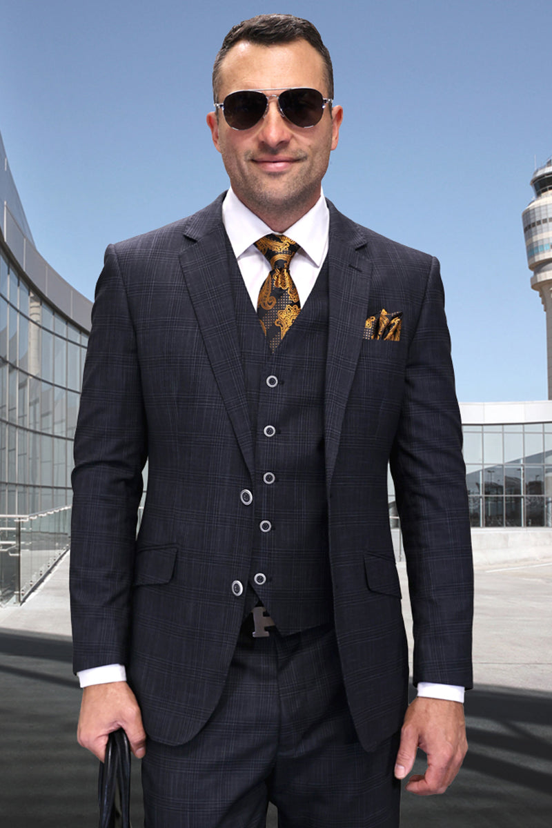 Men's Designer Vested Wool Modern Fit Sharkskin Suit in Black - 36 Short