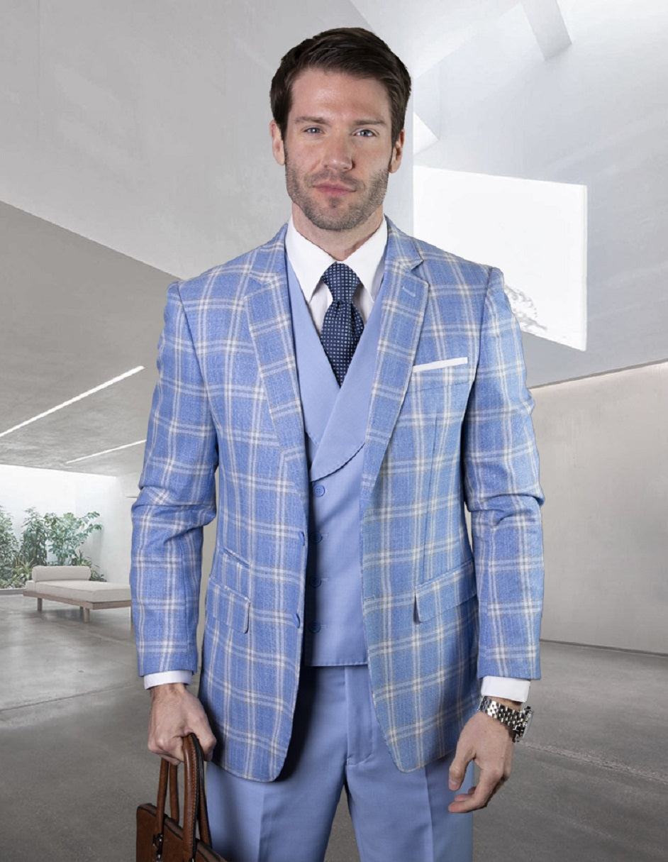 Mens Vested Classic Fit Double Breasted Vest Suit in Light Blue Plaid - 34 Short