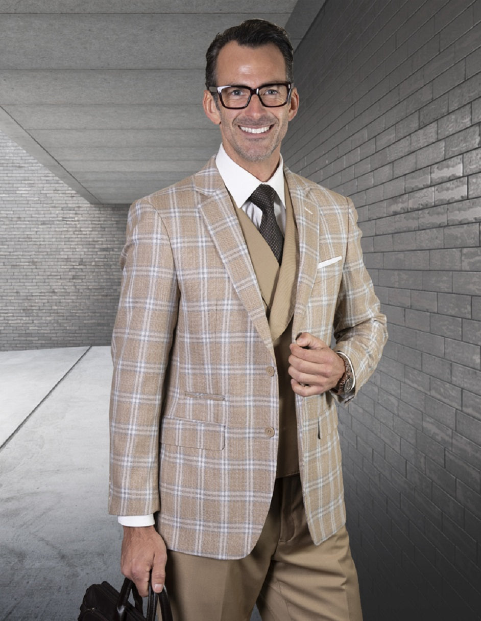 Mens Vested Classic Fit Double Breasted Vest Suit in Camel Plaid - 34 Short