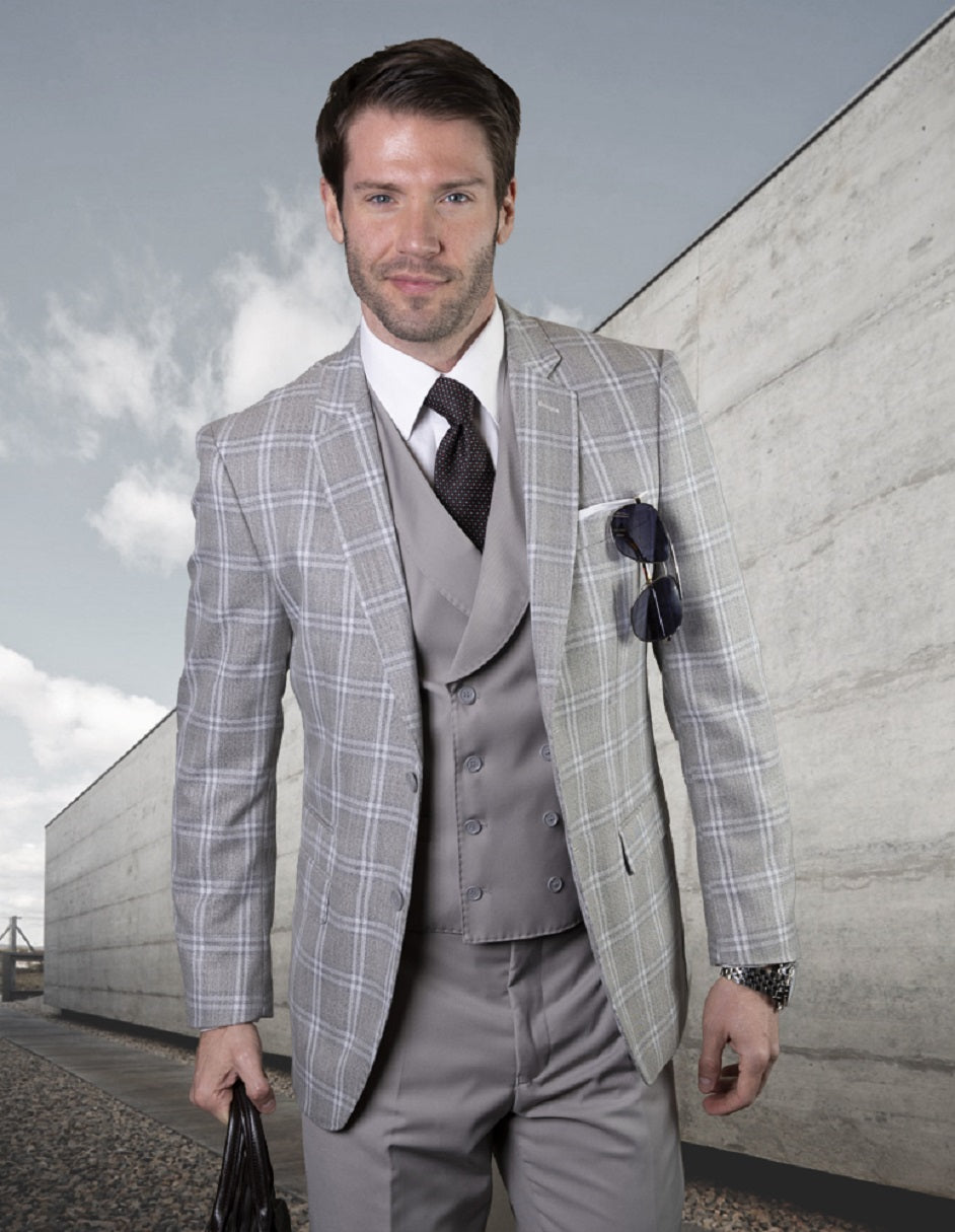 Mens Vested Classic Fit Double Breasted Vest Suit in Grey Plaid - 34 Short