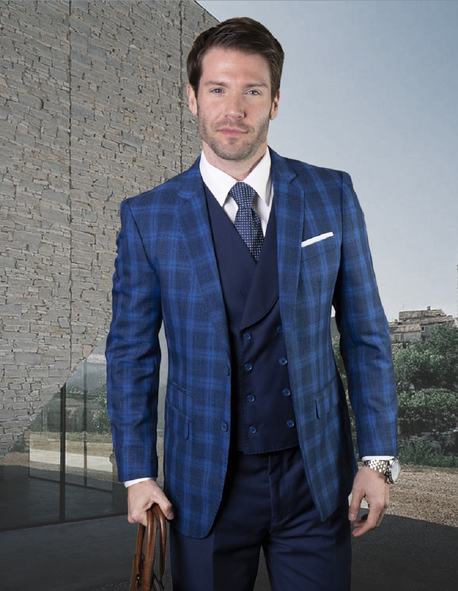 Mens Vested Classic Fit Double Breasted Vest Suit in Sapphire Plaid - 34 Short