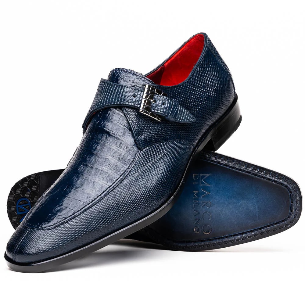 Marco Di Milano Toluca Navy Blue Monk Strap Lizard & Crocodile Shoes - 6