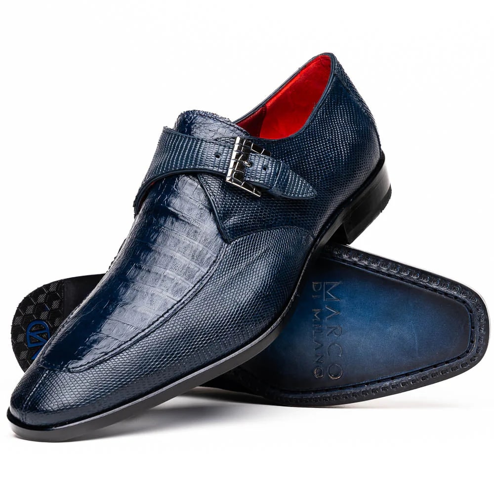 Marco Di Milano Toluca Navy Blue Monk Strap Lizard & Crocodile Shoes - 8