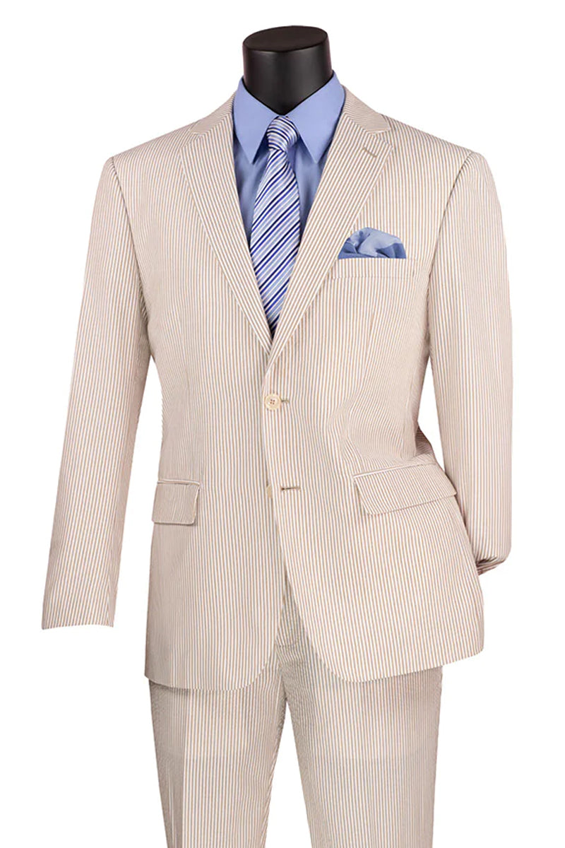 "Modern Fit Men's Seersucker Suit - 2PC Summer Tan Pinstripe"