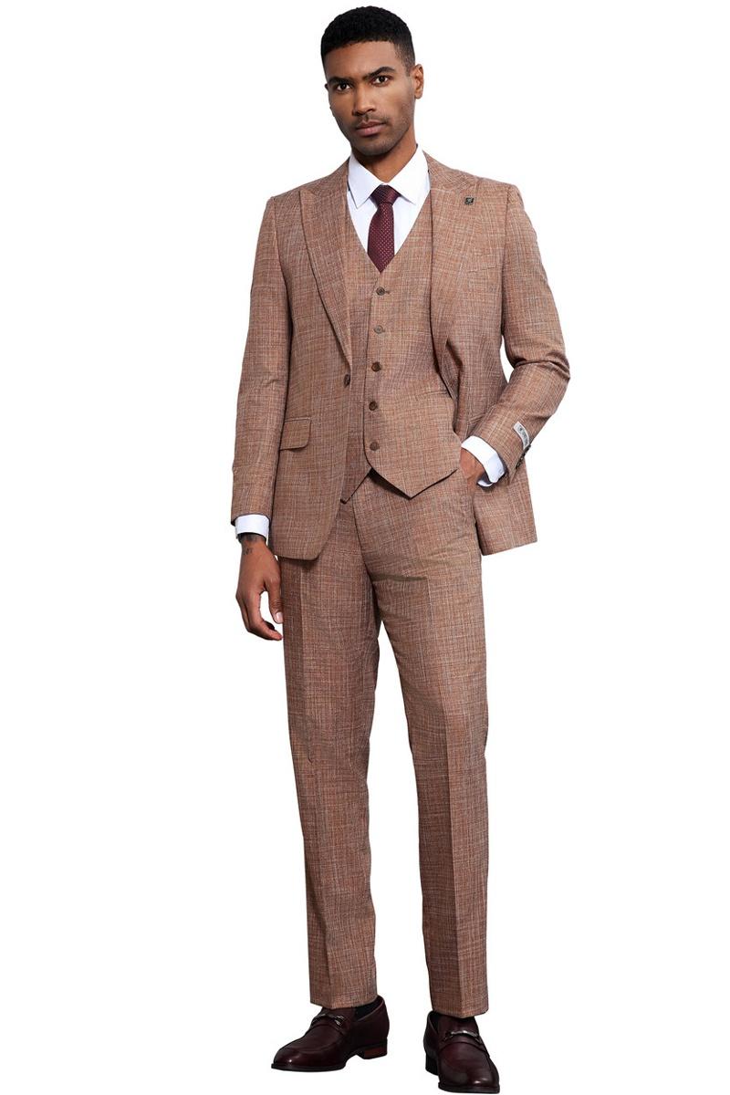 Men's Stacy Adams Vested Sharkskin Weave Pattern Suit in Light Rust - 38 Regular