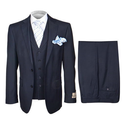 Mens Solid Navy Blue 3-Piece Suit CYRUS RM116 by Rossi Man
