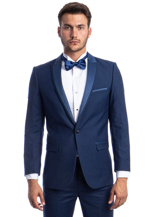 "Cobalt Blue Men's Slim Fit Tuxedo with Satin Trim for Prom 2026 & Wedding"