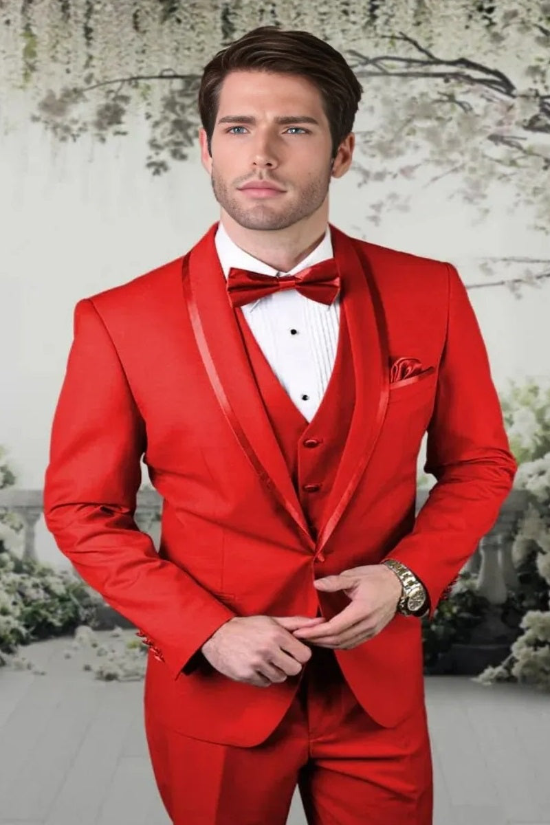 Caesar Red 1-Button Shawl Four Piece Set Tuxedo