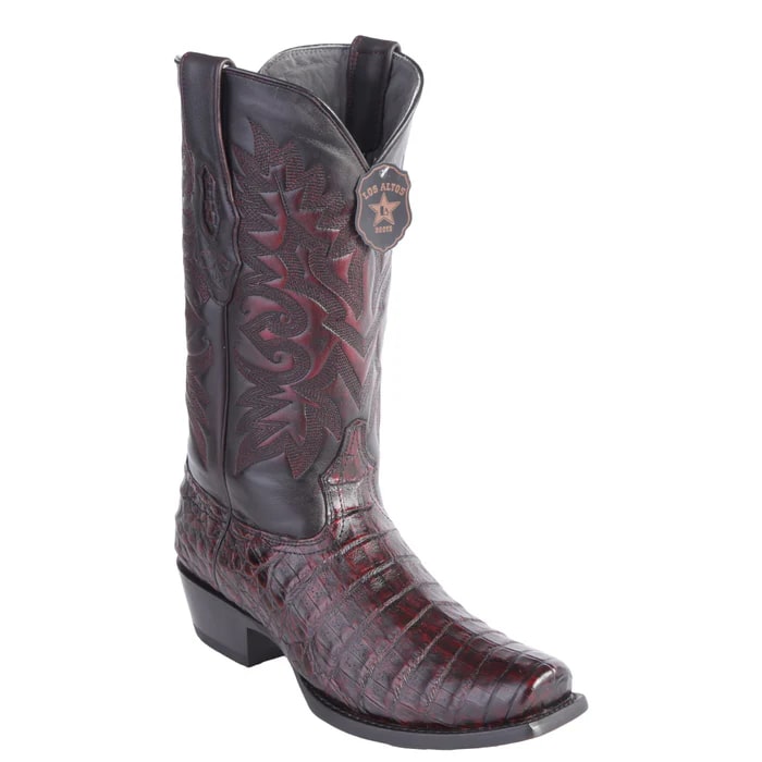 Los Altos Boots - Mens Dress Cowboy Boot - Low Priced Black Cherry Caiman Belly Square Toe Cowboy Boots- in Black Cherry - 6