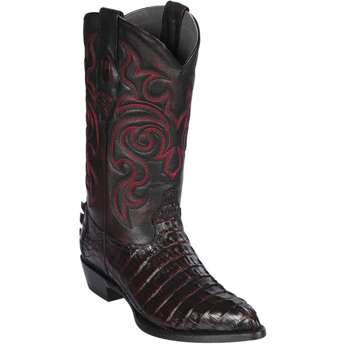 Los Altos Boots - Mens Dress Cowboy Boot - Low Priced Caiman Tail Snip Toe Western Boots- in Black Cherry - 6
