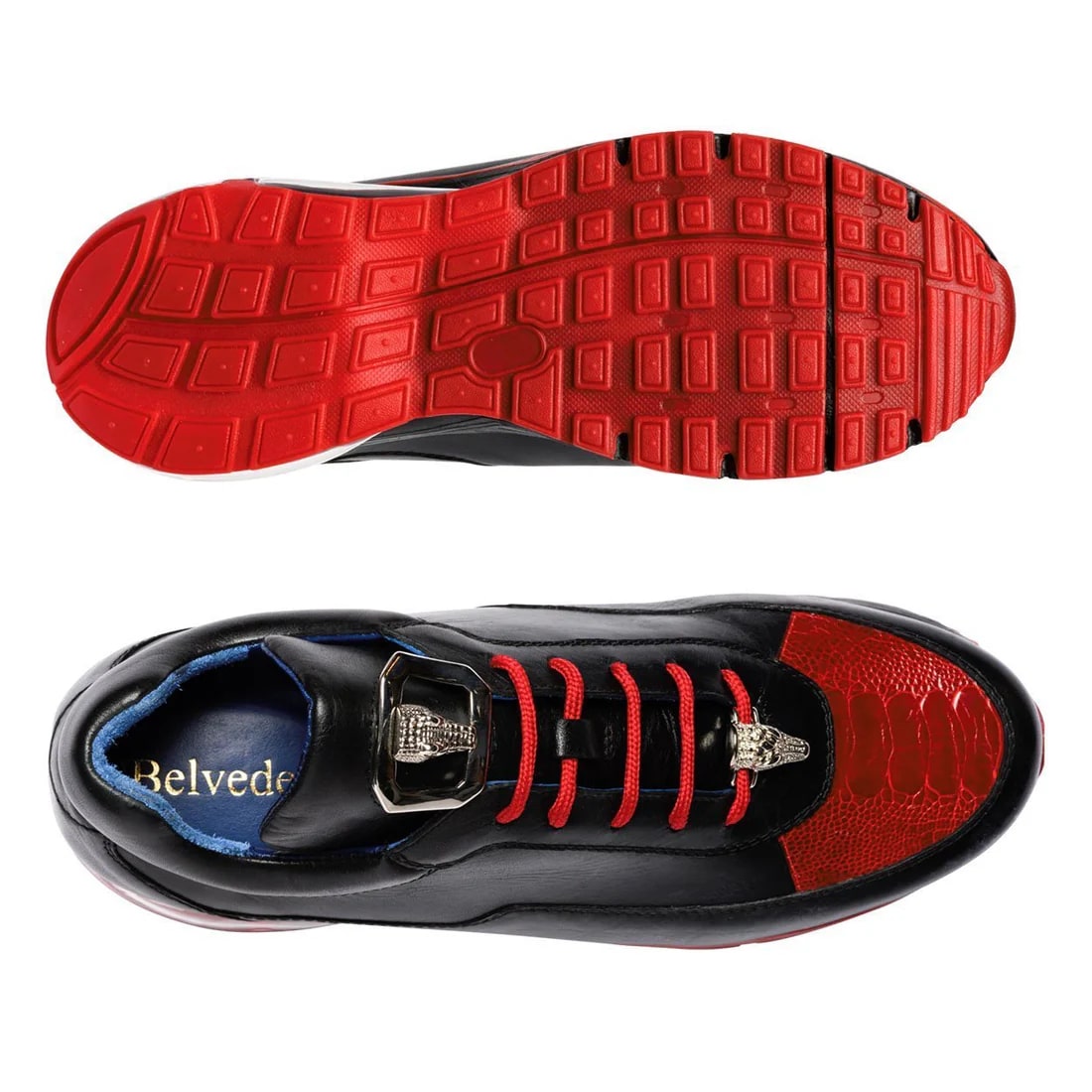 Belvedere  Flash Men's Shoes Black & Red Exotic Ostrich / Calf-skin Leather Casual Sneakers - 6