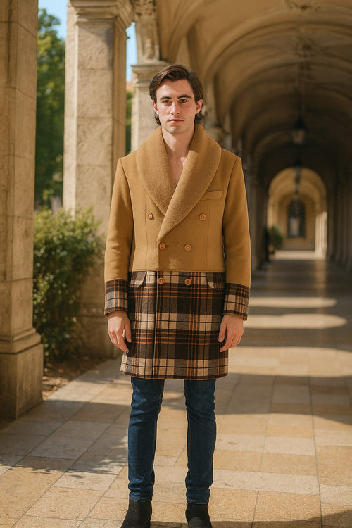 Mens Camel Brown Shawl Collar Overcoat with Plaid Wool Bottom â€“ Double-Breasted Winter Topcoat With Fur Collar