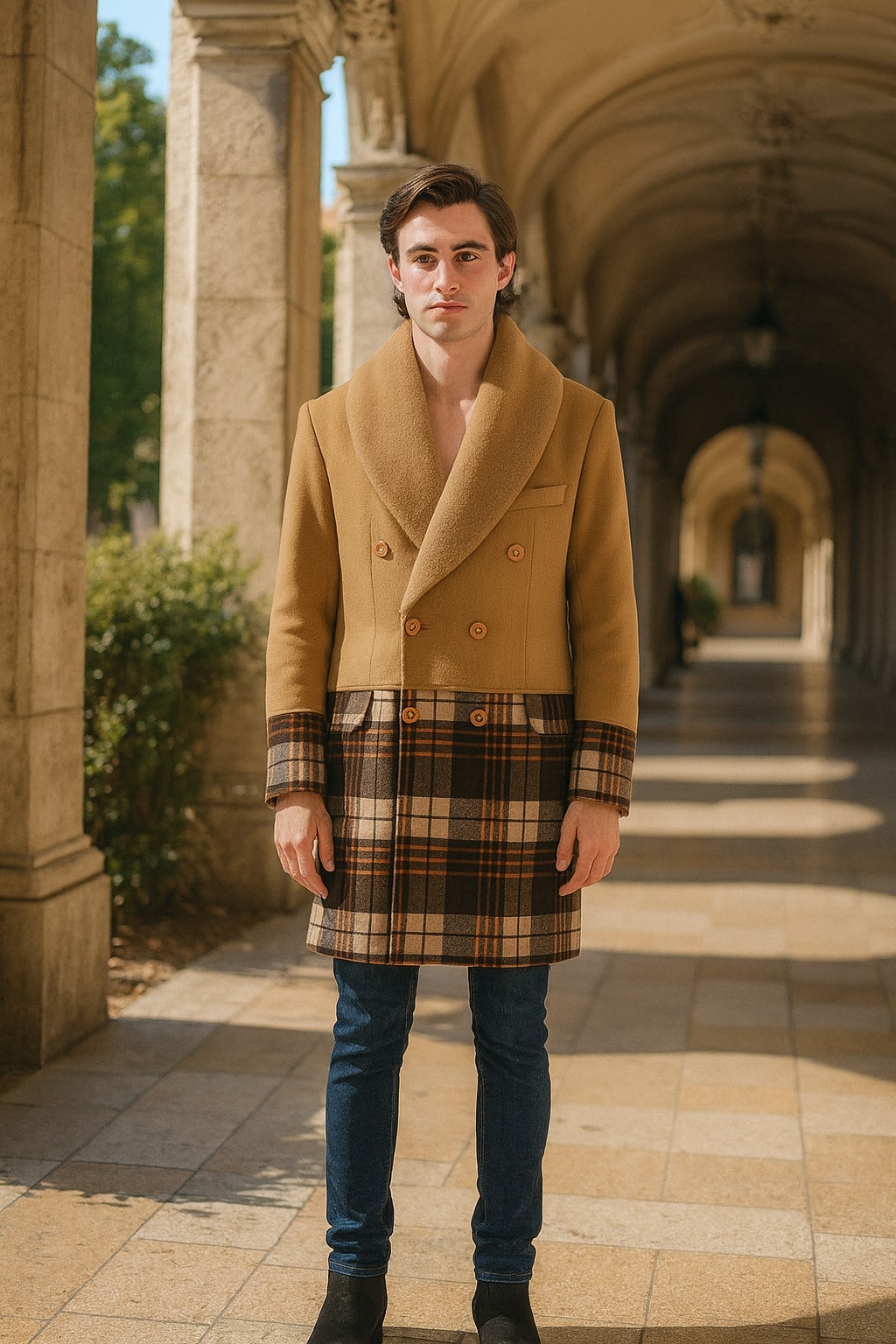 Mens Camel Brown Shawl Collar Overcoat with Plaid Wool Bottom – Double-Breasted Winter Topcoat With Fur Collar - Coat Size 38