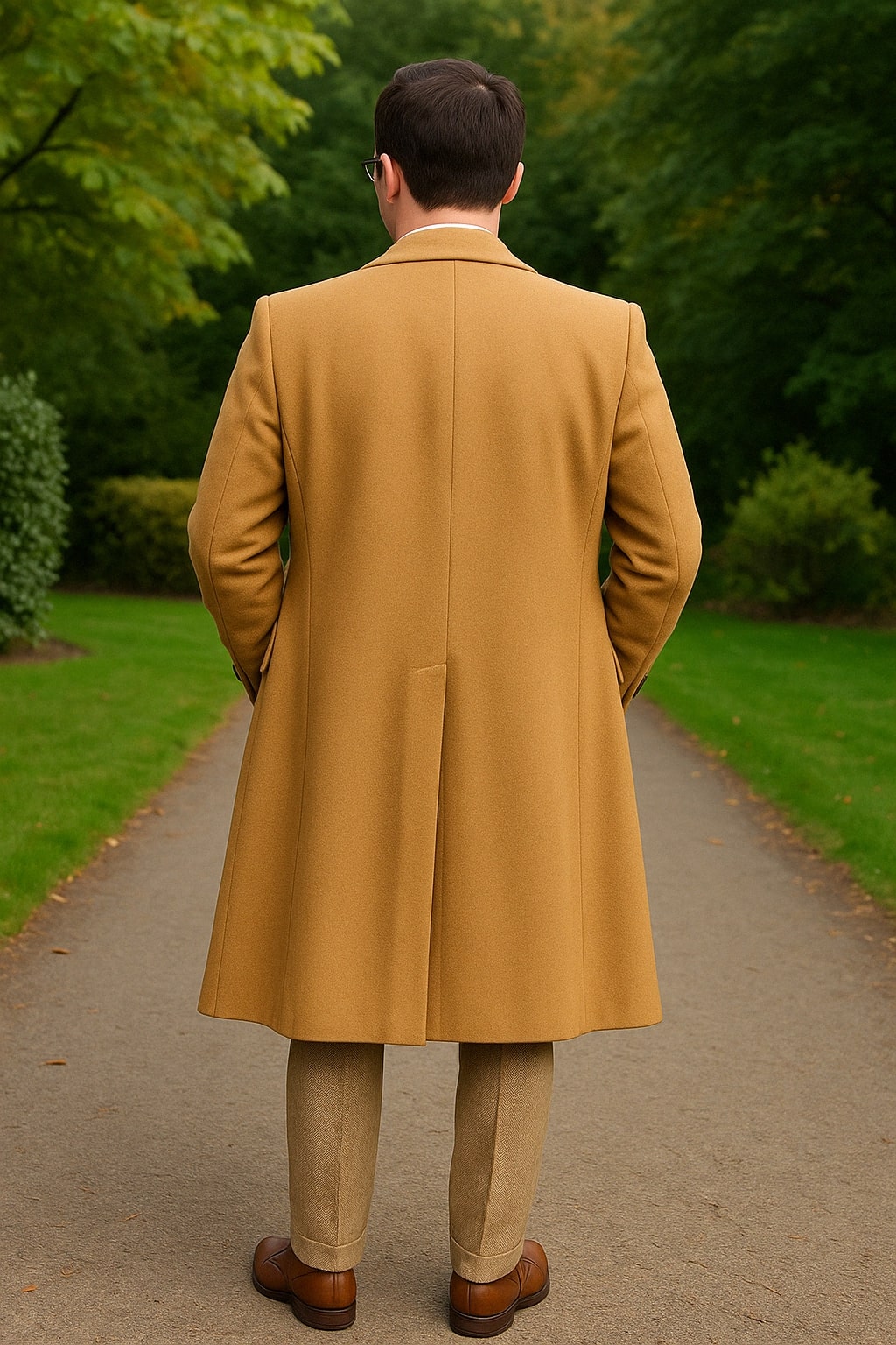Great Gatsby Package -  Mens Camel Overcoat with Beige Tweed 3-Piece Suit Combo 4 Items Formal Winter Outfit - Coat Size 38